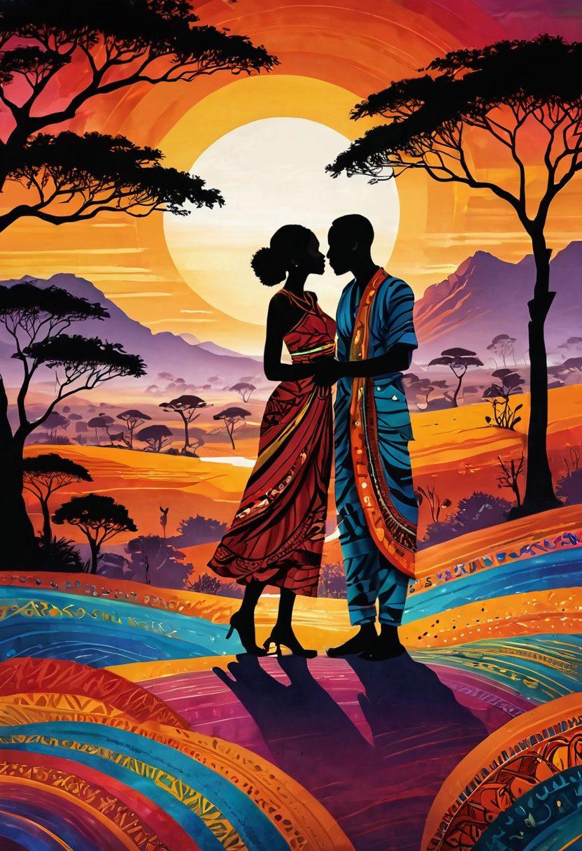 A captivating scene depicting an array of vibrant African landscapes, woven with traditional fabrics and textures, subtly hinting at intimacy and joyful connections. The foreground features abstract representations of joyful moments, with rich colors and emotions radiating warmth and passion. Include silhouettes of couples enjoying each other's company amidst this beautiful backdrop, symbolizing love and pleasure. The atmosphere should feel inviting and alluring, inspiring exploration and comfort. vibrant colors. 3D.