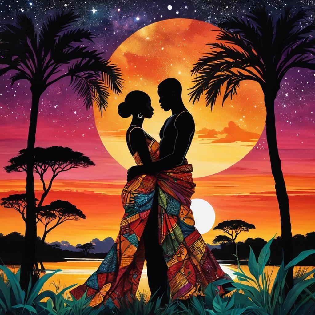 A vibrant collage depicting intimate, sensual moments from lush African landscapes, featuring silhouettes of couples embracing under a starry sky. Incorporate traditional African motifs and rich colors to highlight cultural diversity and passion. Include elements like flowing fabrics, soft lighting, and exotic plants to create an alluring atmosphere. The focus should be on joy, exploration, and romance. vivid colors. painting.