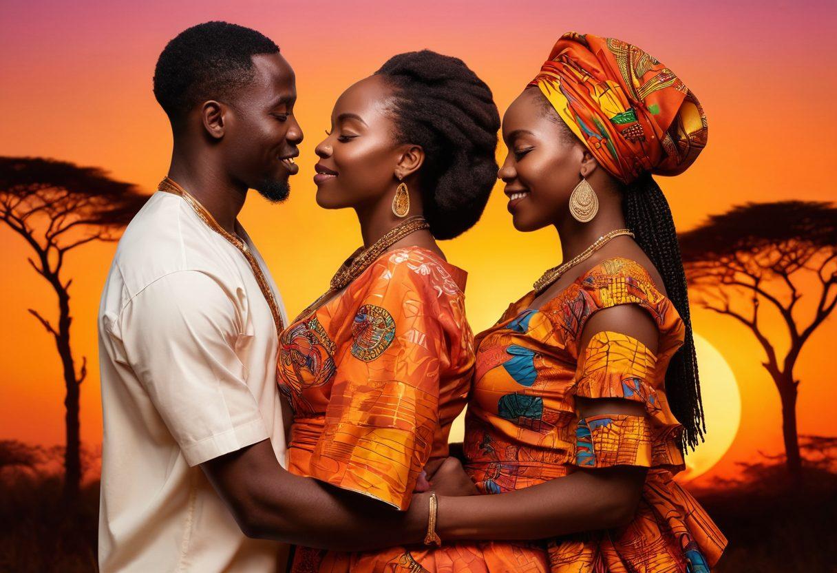 A vibrant, colorful collage showcasing joyous African couples enjoying intimate moments under a sunset. Include cultural elements like traditional attire, lush landscapes, and expressive body language conveying passion and connection. Infuse an atmosphere of celebration and exploration of sensuality. super-realistic. vibrant colors. warm tones.